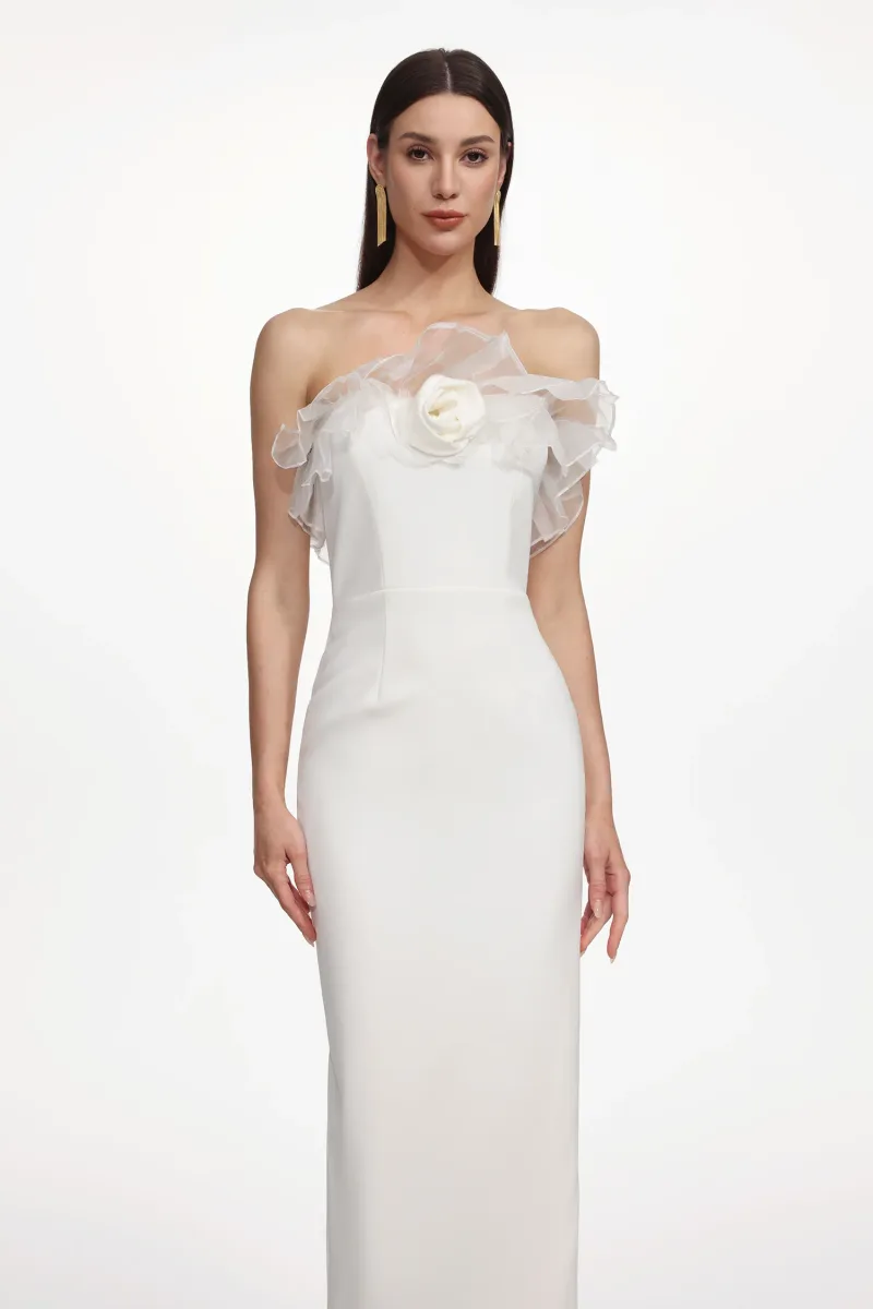 Vestido Maxi Oana Elegant Contorno Sem Alças com Babado e Flores