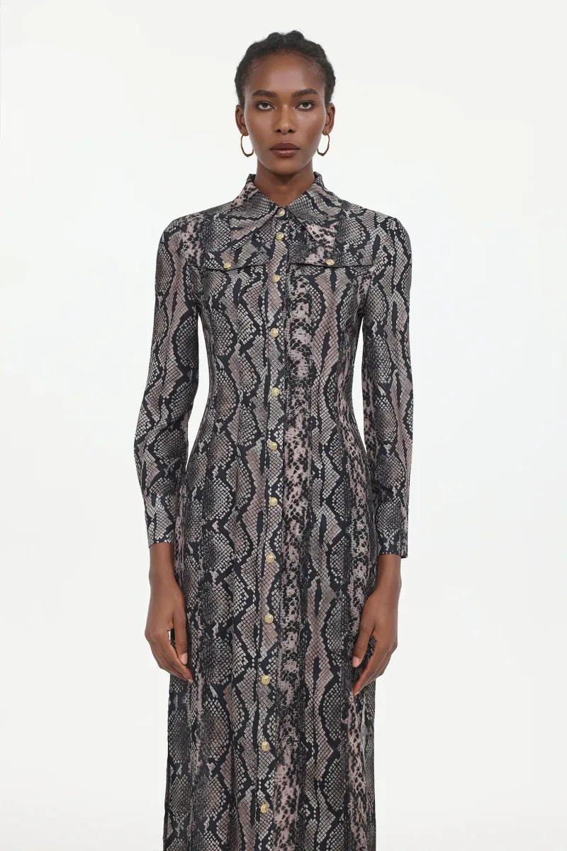 Vestido Maxi Tinnie Elegant Manga Longa Tecido Padronagem Cobra