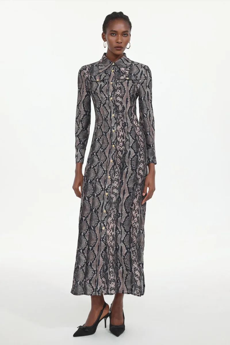 Vestido Maxi Tinnie Elegant Manga Longa Tecido Padronagem Cobra