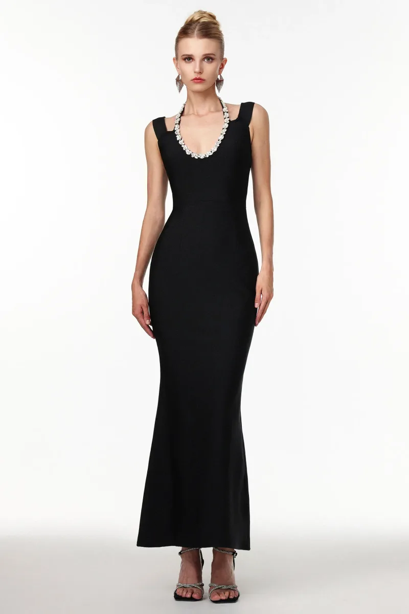 Vestido Maxi Shannon em Bandage com Cristais e Contorno Sexy