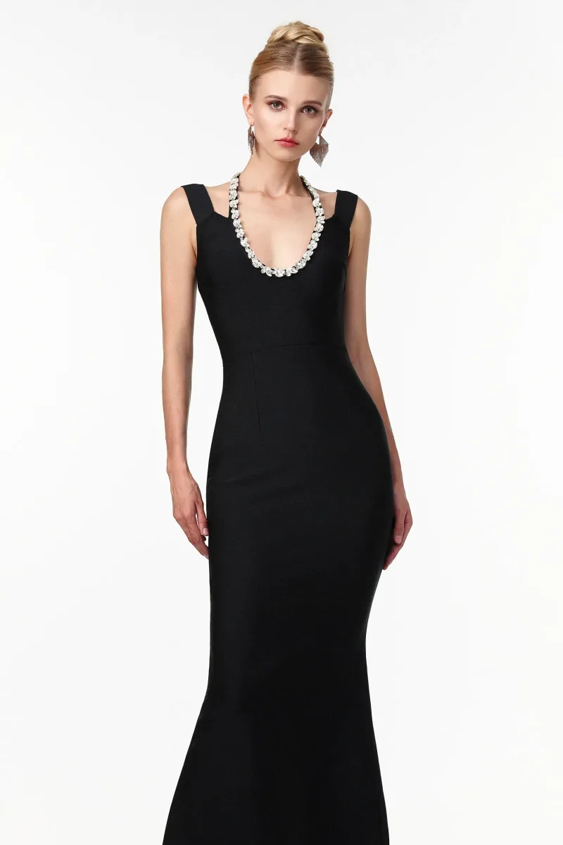 Vestido Maxi Shannon em Bandage com Cristais e Contorno Sexy