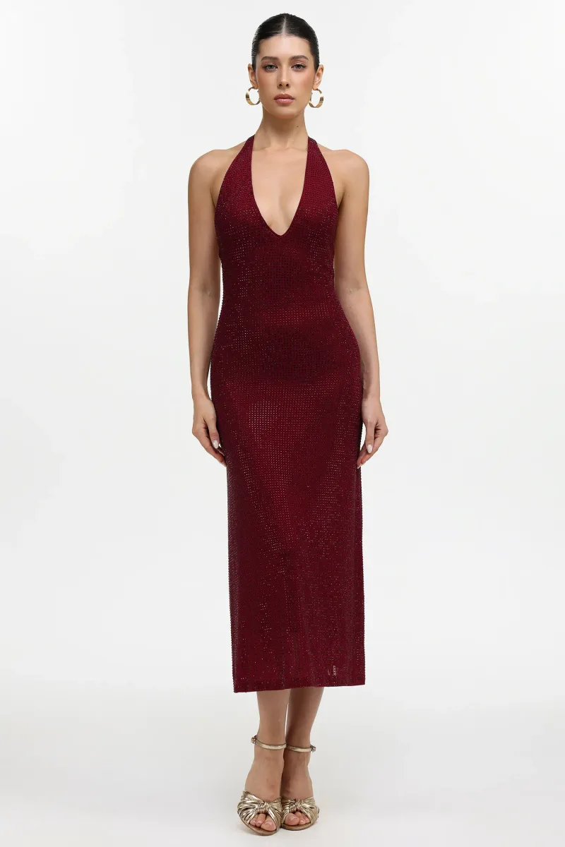 Vestido Maxi Liaci Halter com Cristais e Contorno Sensual