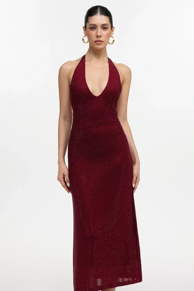 Vestido Maxi Liaci Halter com Cristais e Contorno Sensual
