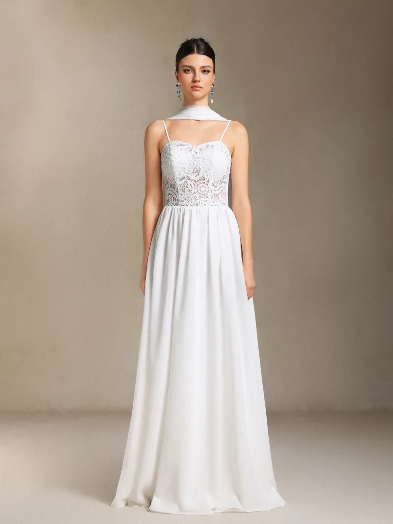 Vestido de Noiva Maxi Hakula com Alças e Renda em Chiffon
