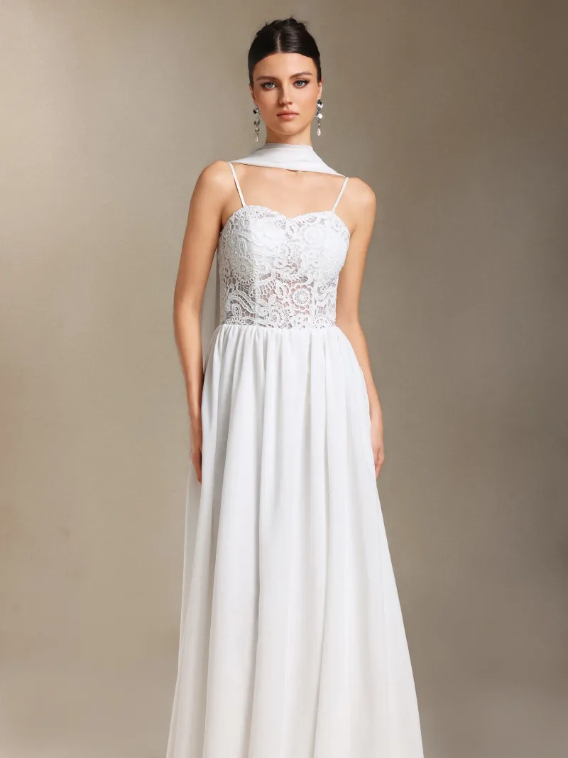 Vestido de Noiva Maxi Hakula com Alças e Renda em Chiffon