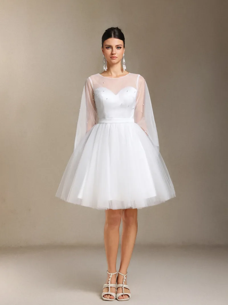 Vestido de Noiva Mini Zakana com Pérolas e Tule