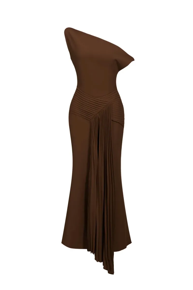 Vestido Midi Paulina com Ombro Oblíquo e Pregas