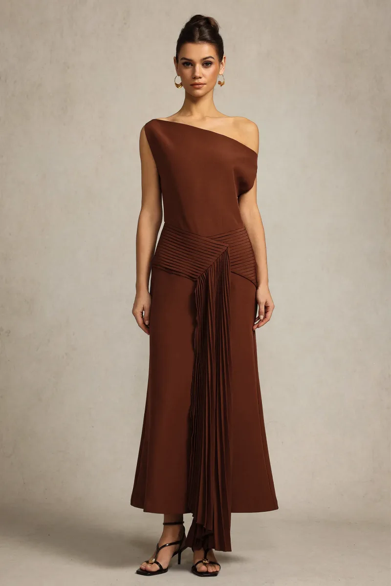 Vestido Midi Paulina com Ombro Oblíquo e Pregas