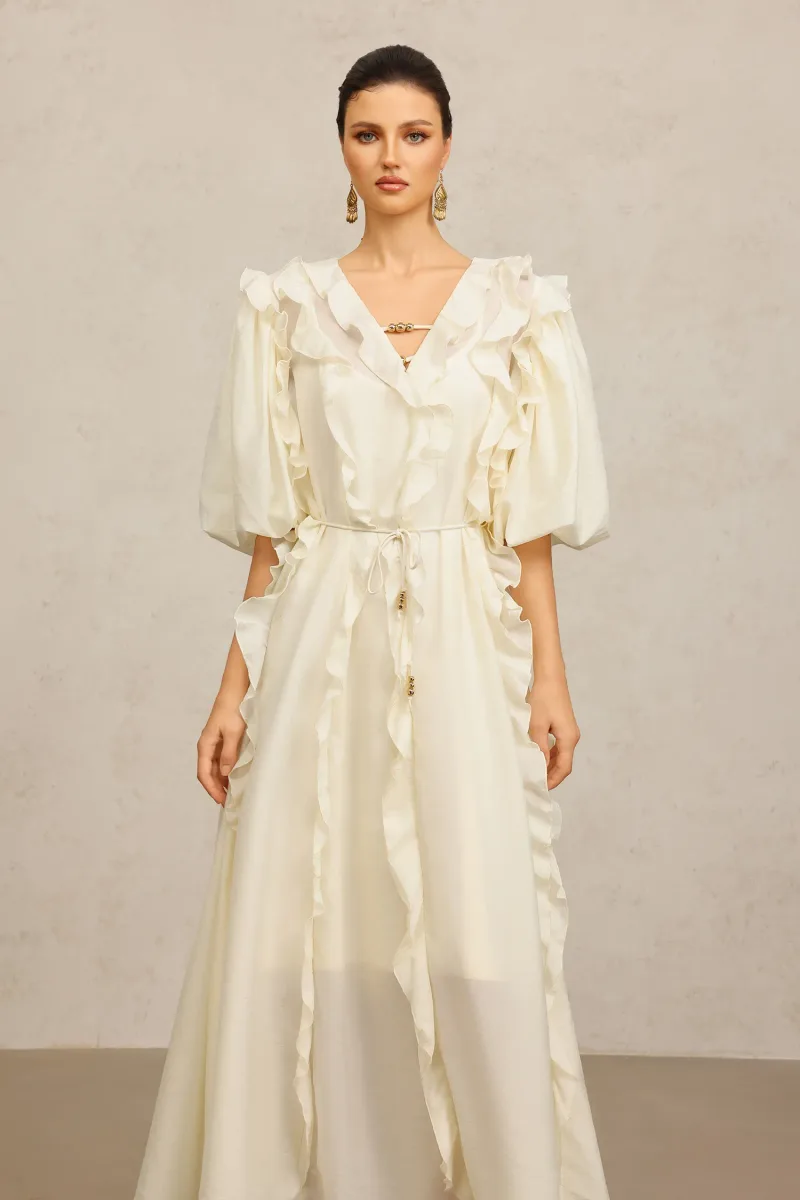 Vestido Maxi Wika com Decote em V e Mangas 3/4