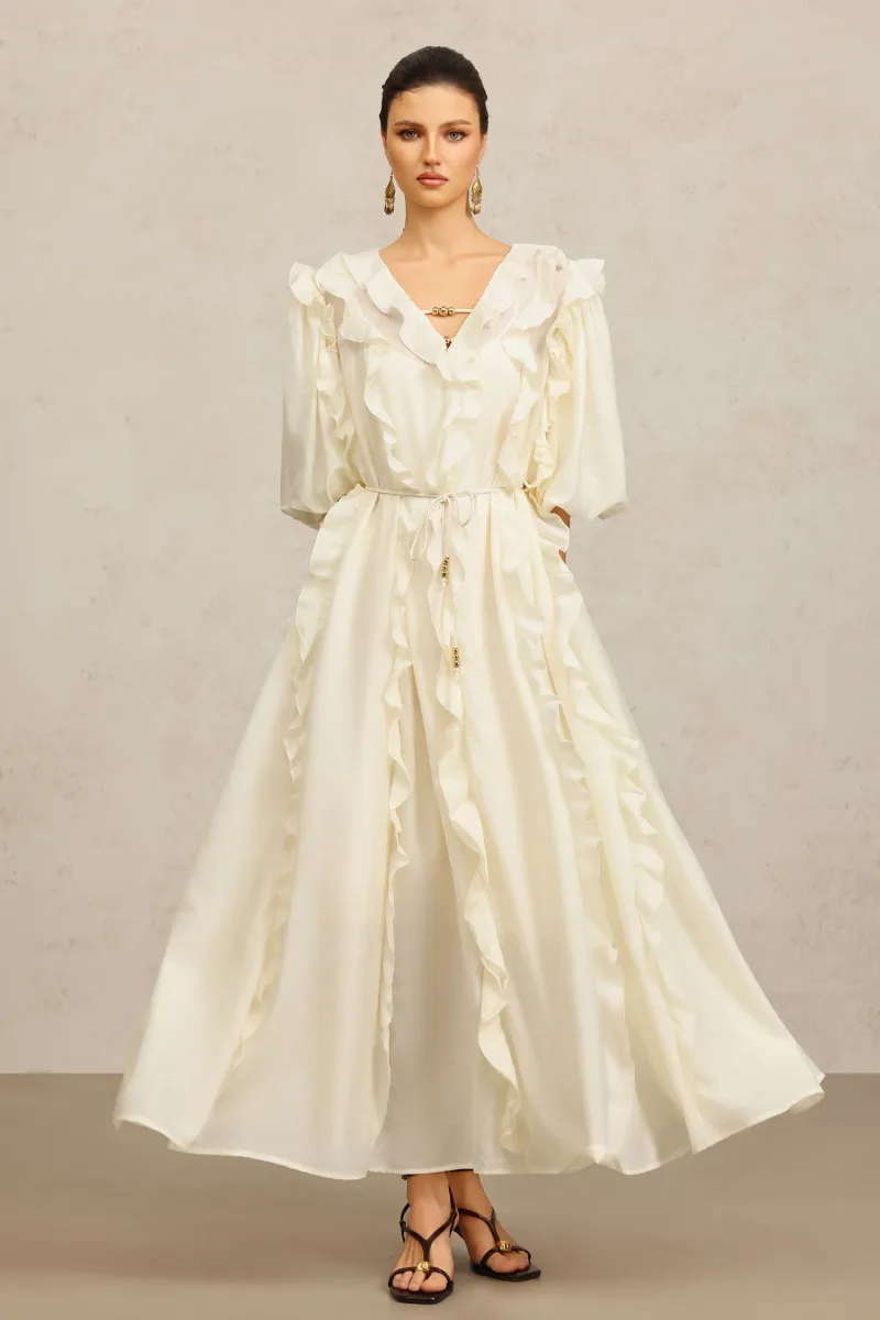 Vestido Maxi Wika com Decote em V e Mangas 3/4