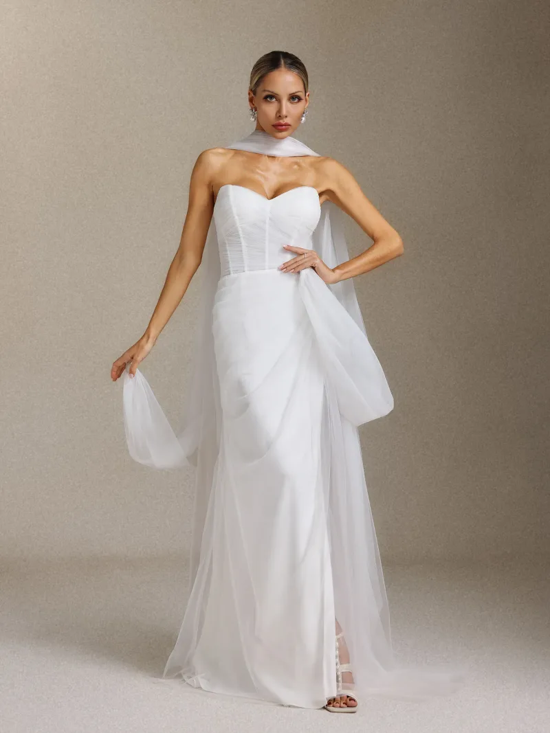 Vestido de Noiva Vanessa Plissado em Gaze Leve, Sem Alças