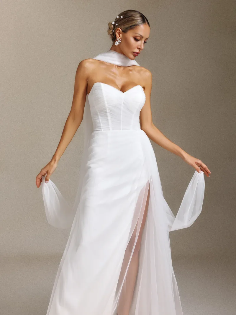 Vestido de Noiva Vanessa Plissado em Gaze Leve, Sem Alças
