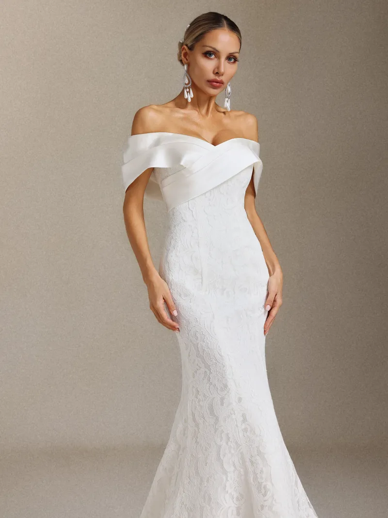 Vestido de Noiva Jussi Ombro a Ombro em Renda, Cauda Sereia