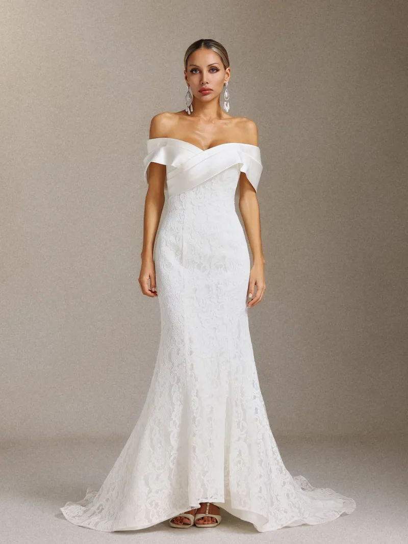 Vestido de Noiva Jussi Ombro a Ombro em Renda, Cauda Sereia