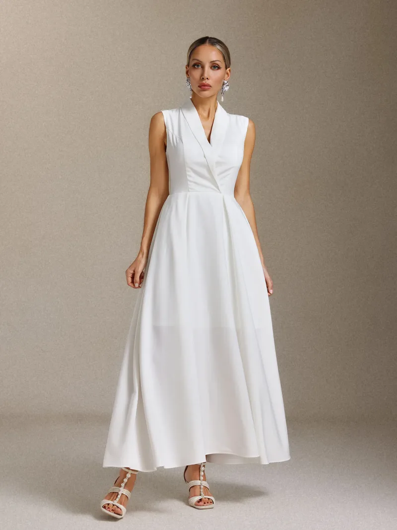 Vestido Maxi Daona em Cetim, Gola de Blazer, Sem Mangas
