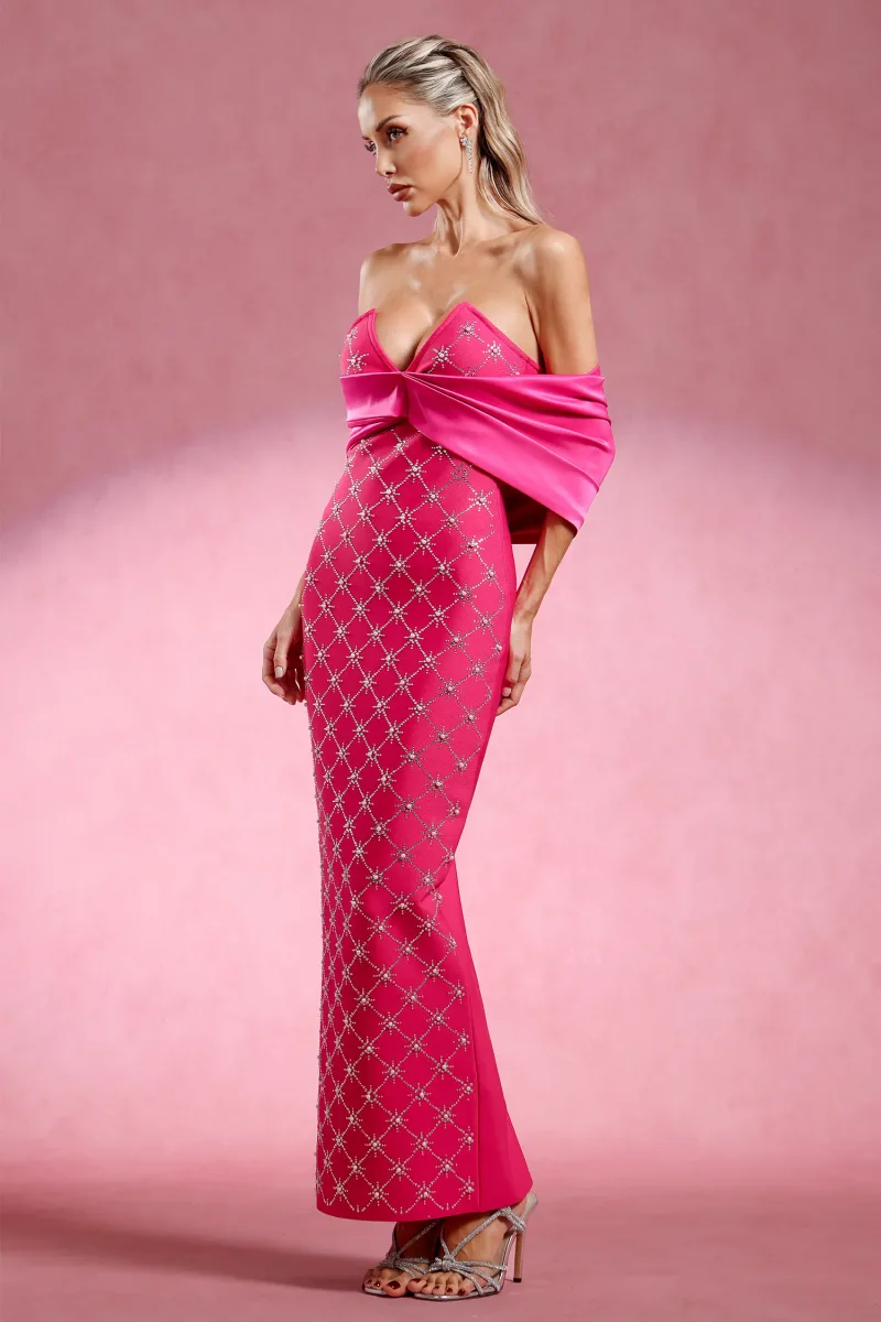 Vestido Maxi Haliya, Ombro a Ombro, Decote em V, Efeito Bandage Cravejado