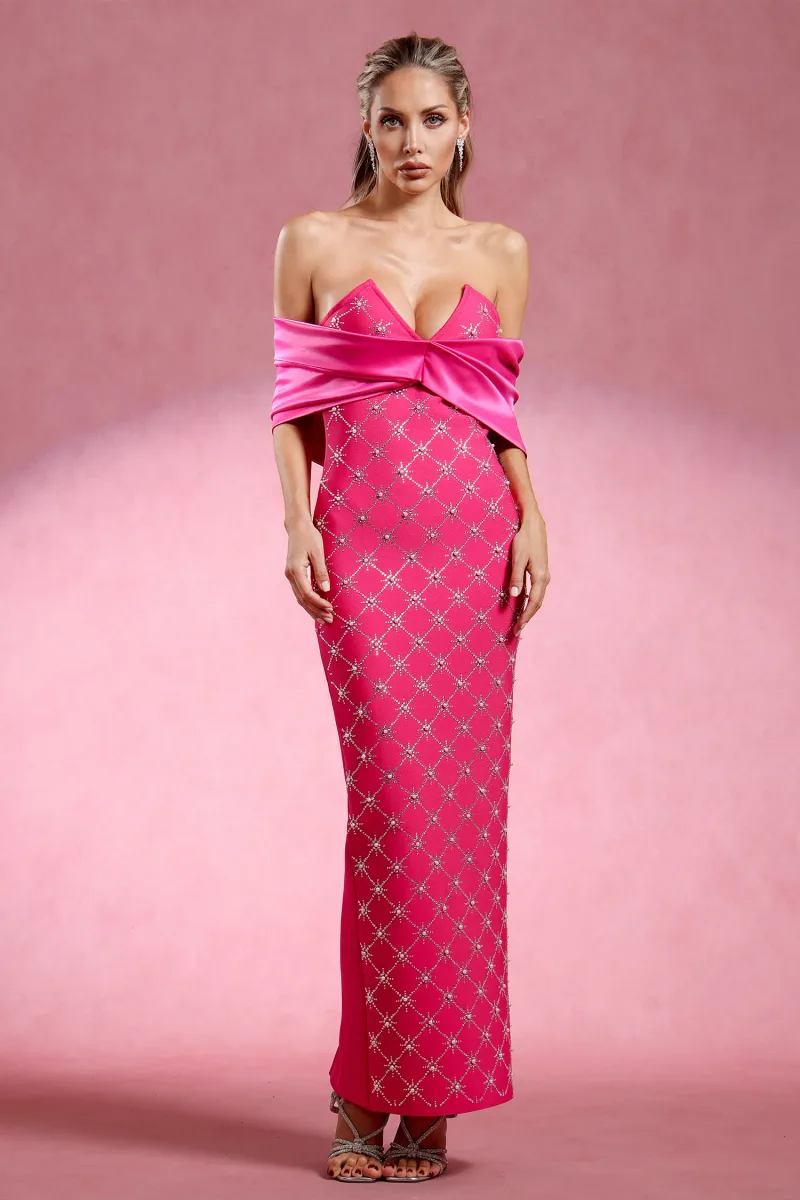 Vestido Maxi Haliya, Ombro a Ombro, Decote em V, Efeito Bandage Cravejado