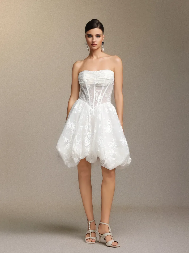 Vestido Mini Derya com Renda Pregas e Decote Tomara que Caia