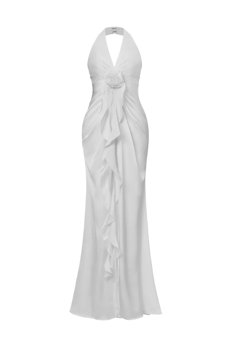 Vestido Maxi Salla Ruthie com Decote Halter e Flores Tridimensionais