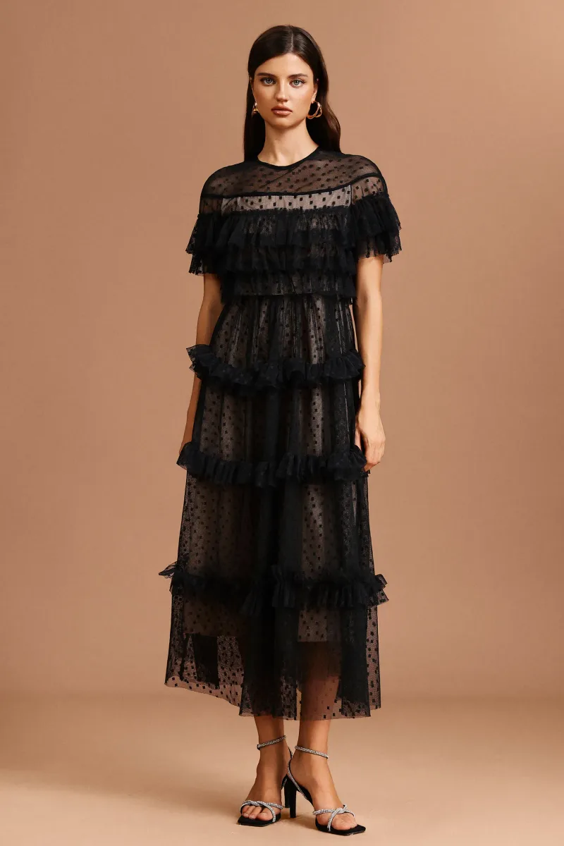 Vestido Maxi Emmeline com Gola Redonda e Mangas Curtas Estampado de Pois