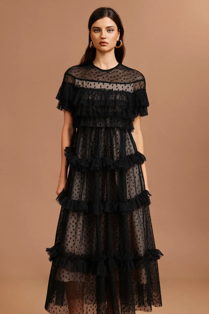 Vestido Maxi Emmeline com Gola Redonda e Mangas Curtas Estampado de Pois