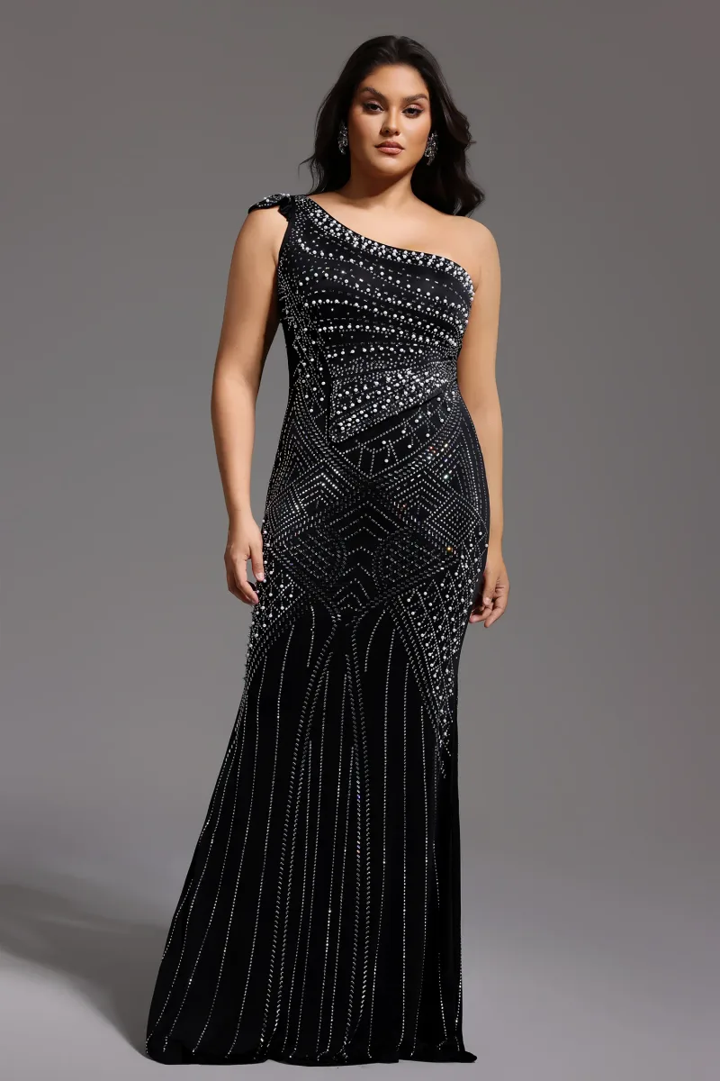Vestido Maxi Ferina com Colarinho Assimétrico e Detalhes em Strass