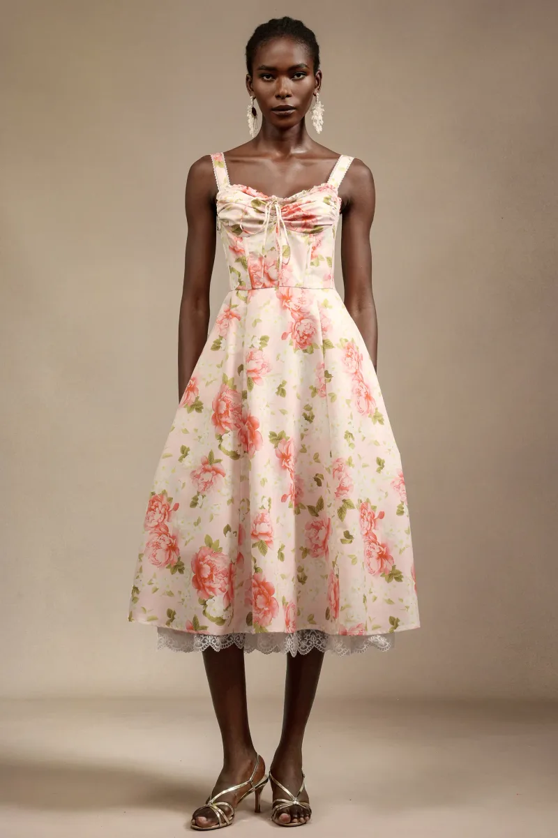 Vestido Midi Venia Halter com Estampa Floral e Laço de Renda