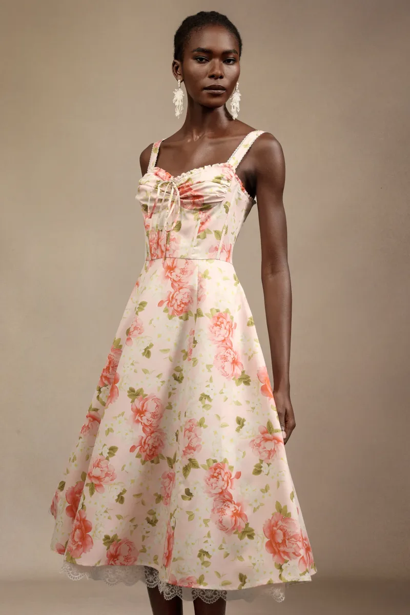 Vestido Midi Venia Halter com Estampa Floral e Laço de Renda