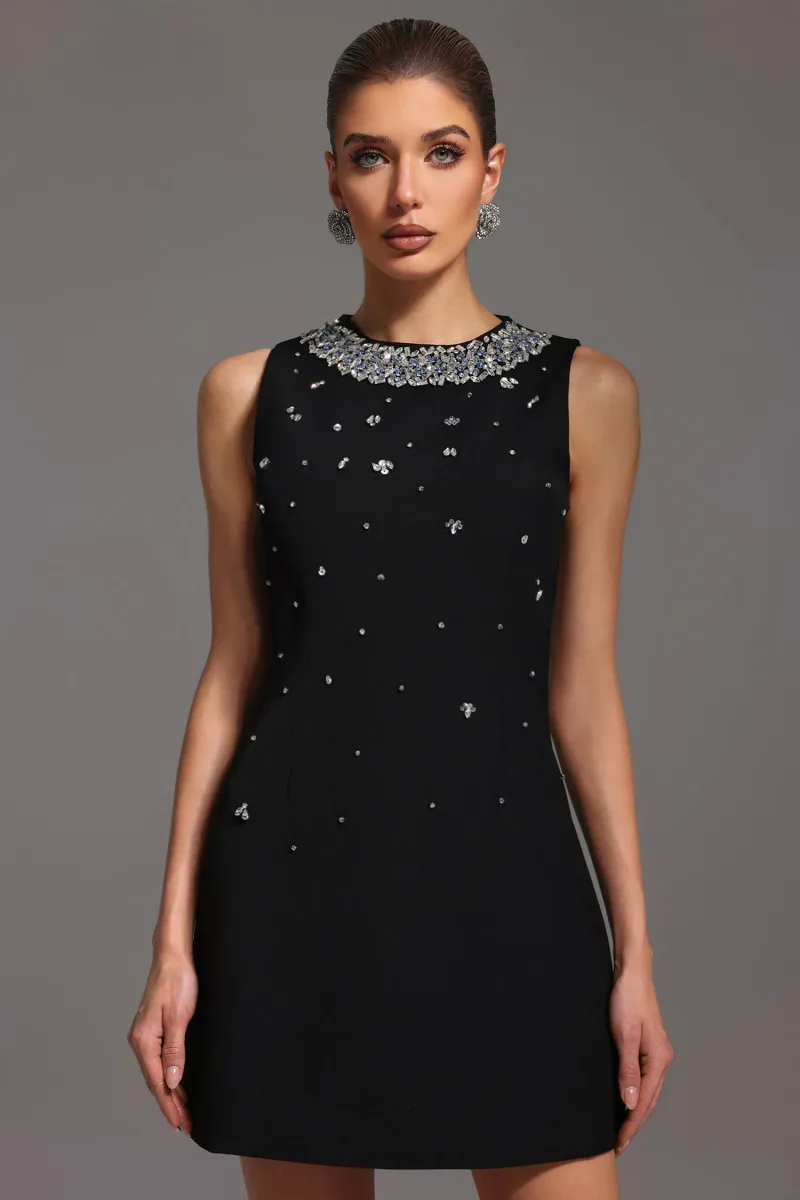 Vestido Mini Emmeline sem Mangas com Detalhes em Strass