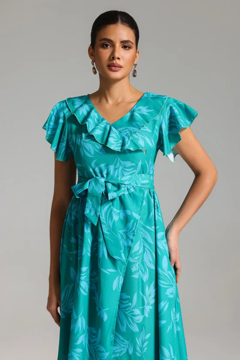 Vestido Maxi Impresso com Babados