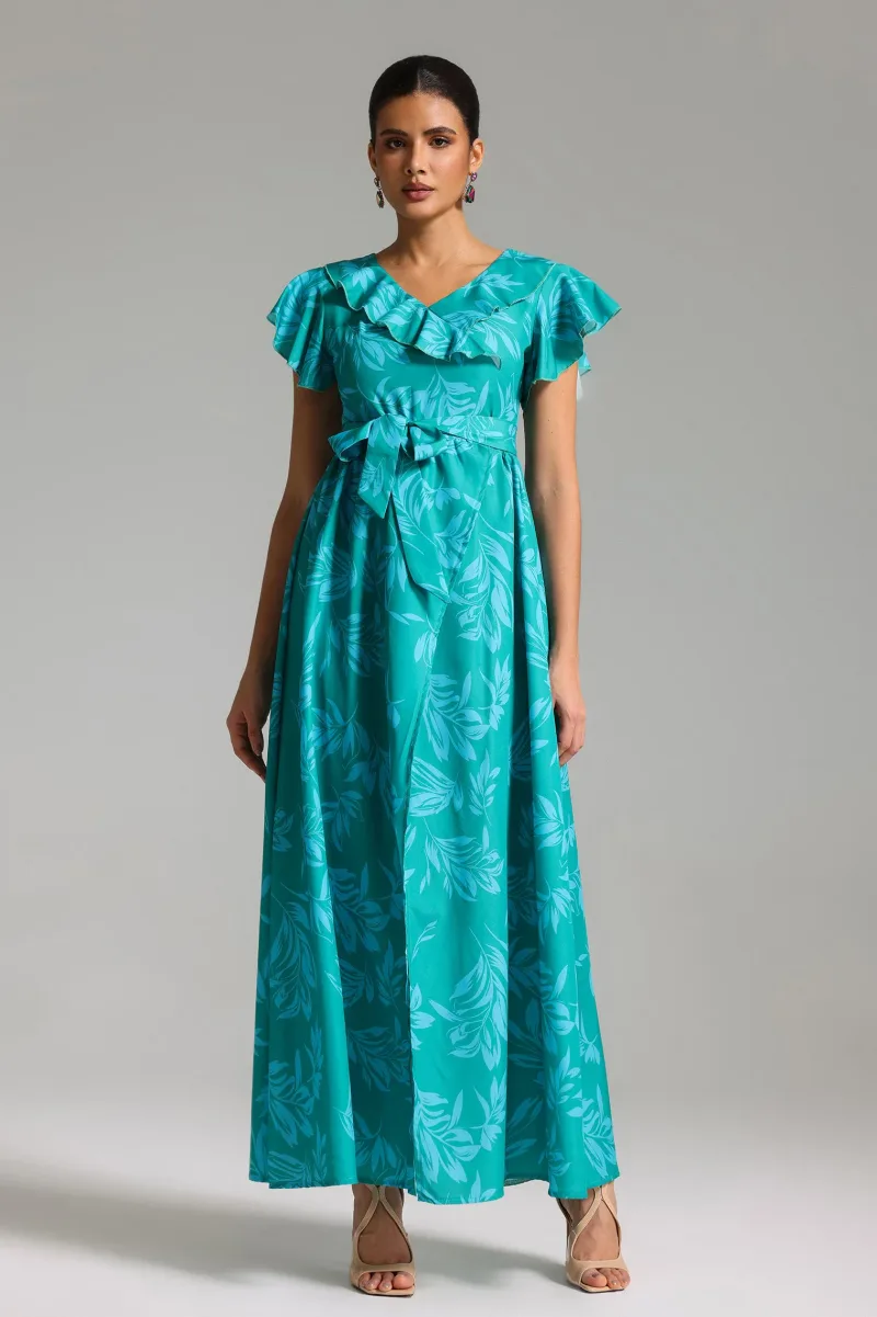 Vestido Maxi Impresso com Babados