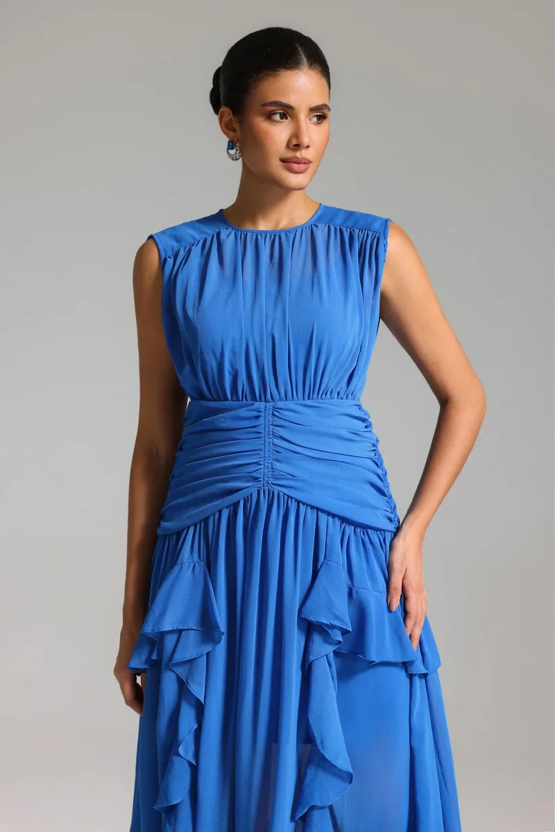 Vestido Maxi Vella com Mesh e Babados