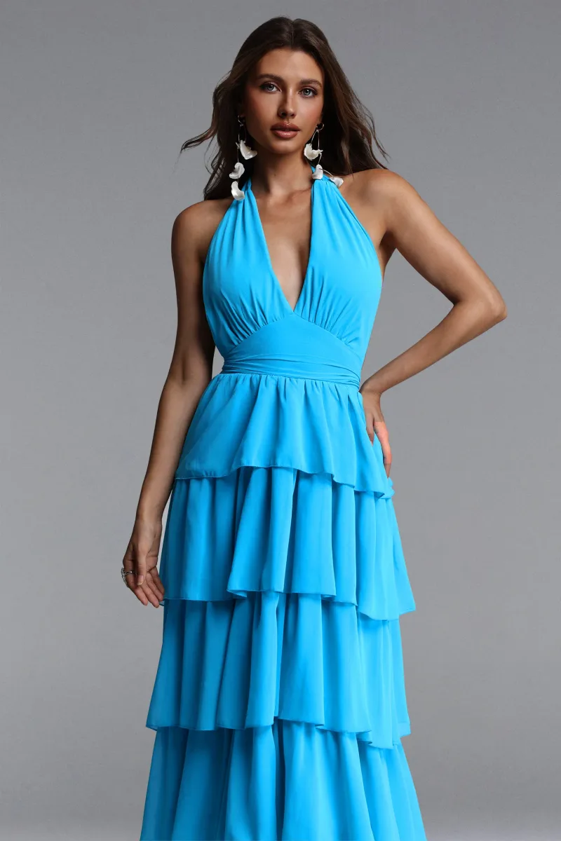Vestido Maxi Yahir Resort Decote V Sem Mangas com Babado em Chiffon