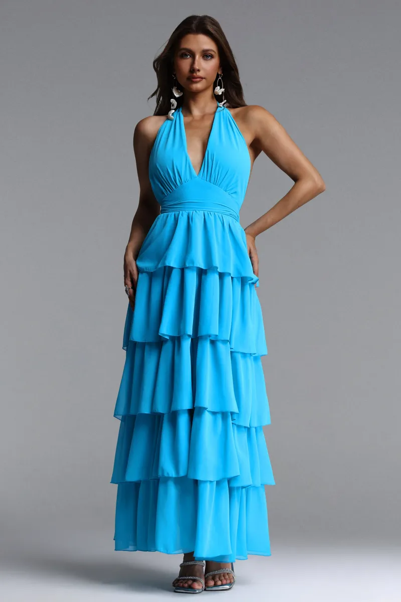 Vestido Maxi Yahir Resort Decote V Sem Mangas com Babado em Chiffon