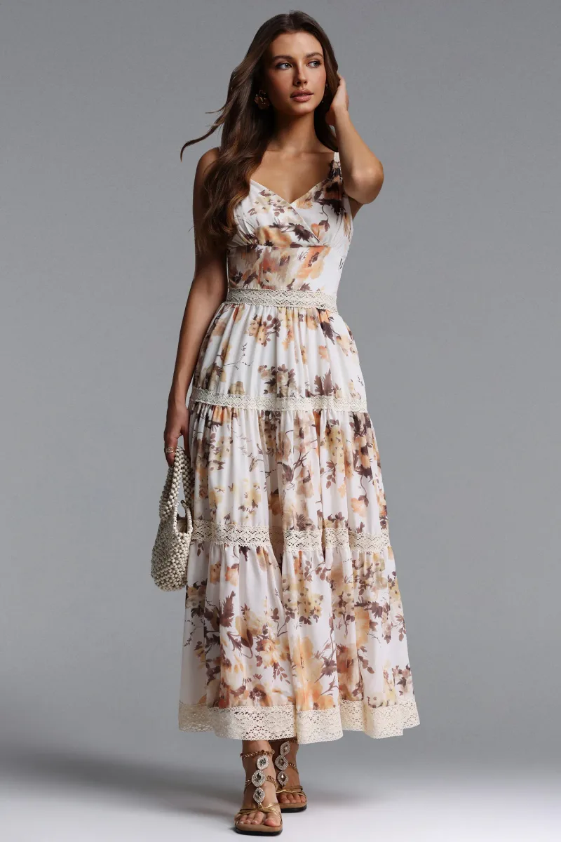 Vestido Maxi Lucica Resort Estampa Floral em Tecido Trabalhado