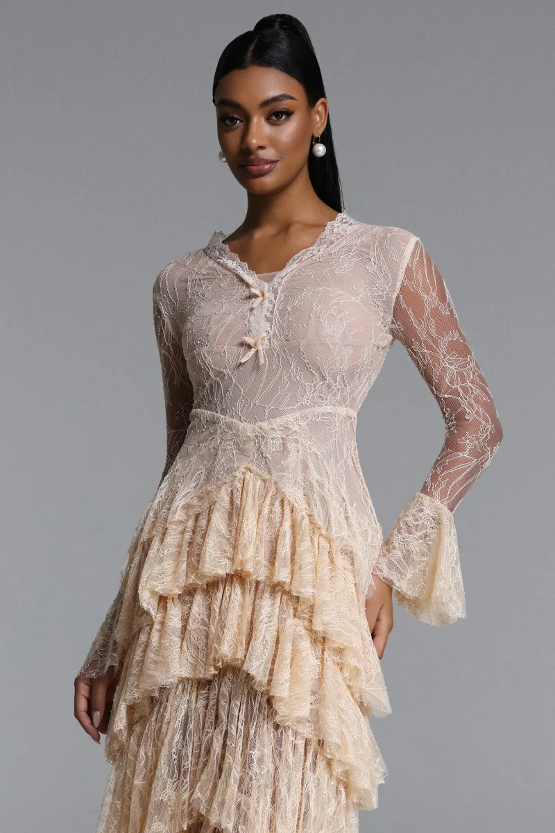 Vestido Maxi Kianala Romântico com Decote V, Manga Longa e Babado em Renda