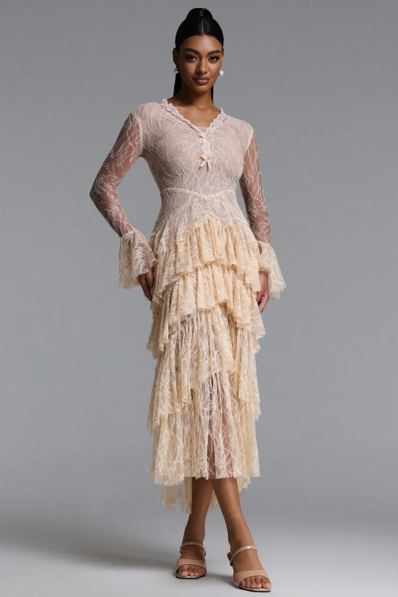 Vestido Maxi Kianala Romântico com Decote V, Manga Longa e Babado em Renda