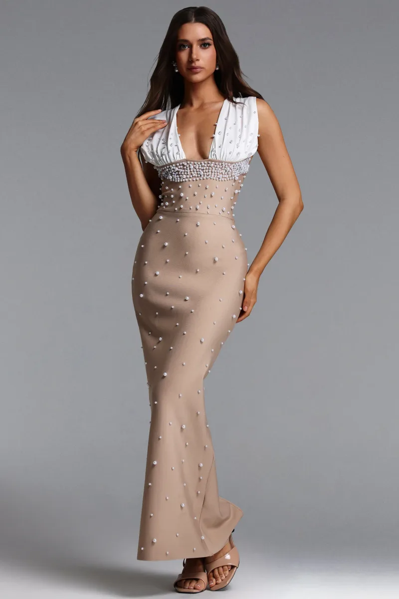 Vestido Maxi Lizzy Glamour com Aplicações de Pérolas em Bandagem