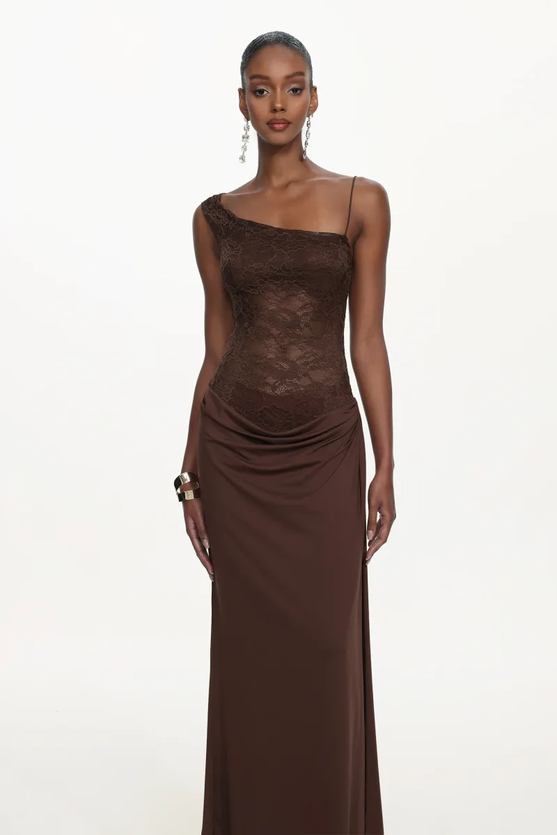 Vestido Maxi Ymmi com Ombro Único em Tricô com Renda