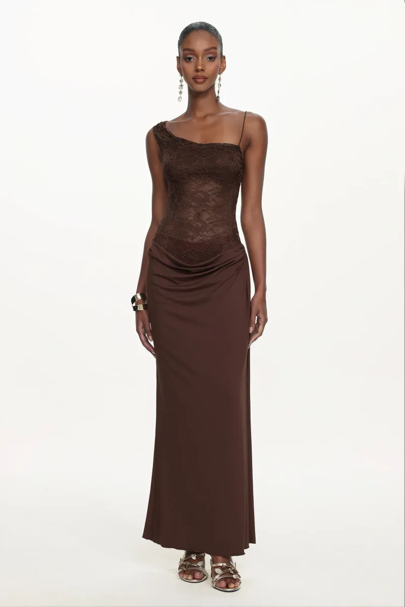 Vestido Maxi Ymmi com Ombro Único em Tricô com Renda