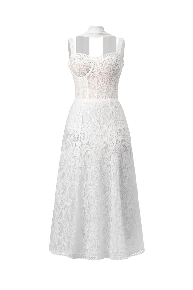 Vestido Midi Junya em Renda com Espartilho Sem Mangas