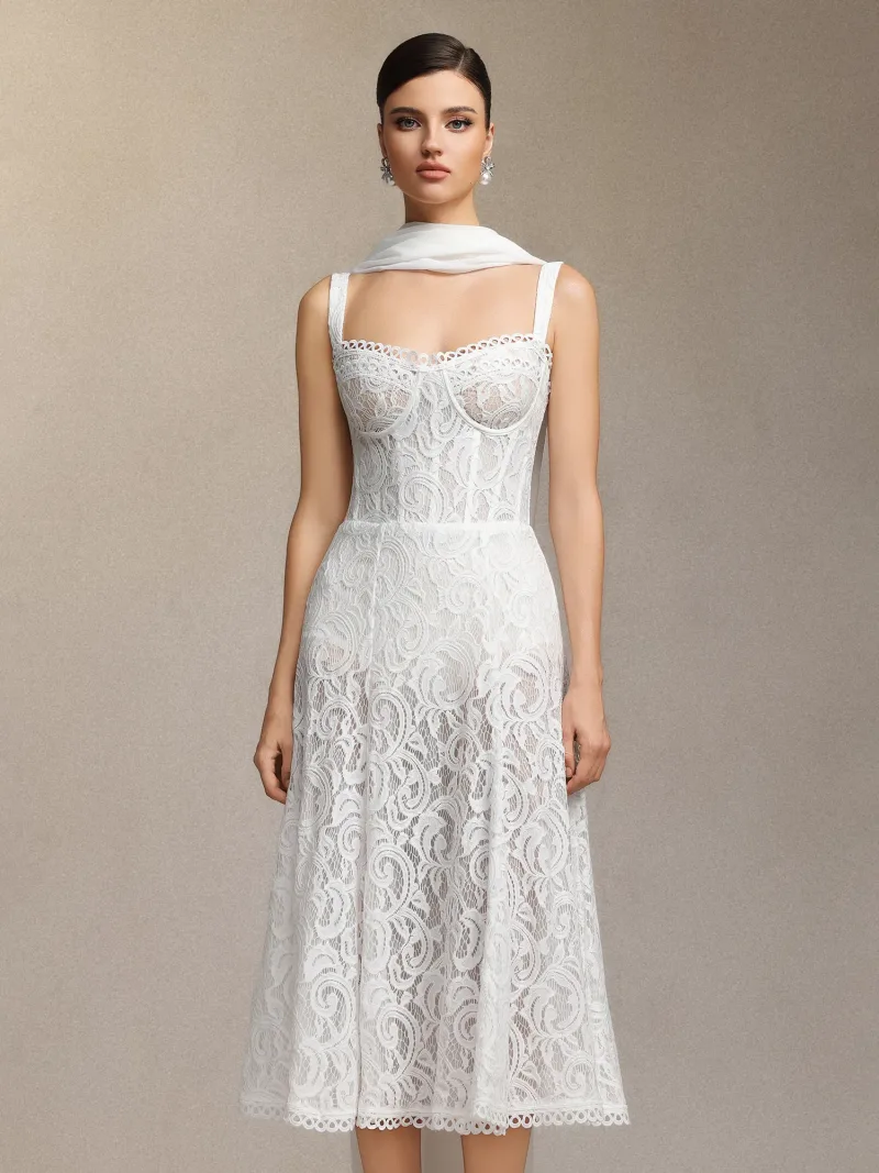 Vestido Midi Junya em Renda com Espartilho Sem Mangas
