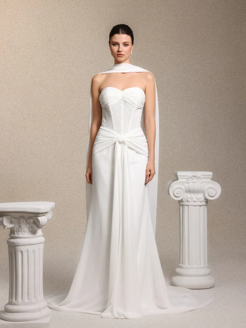 Vestido Maxi Lenra em Renda e Chiffon Branco com Laço Tomara que Caia