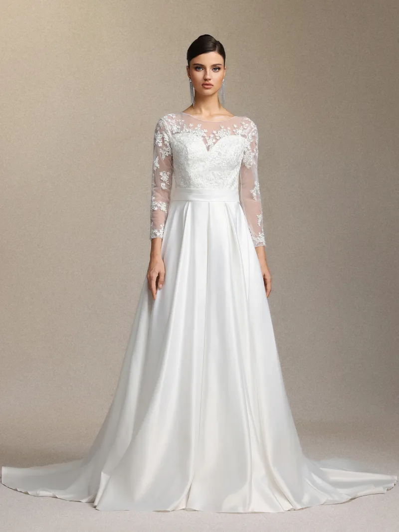 Vestido de Noiva Derlyn Gola Redonda com Manga Longa em Renda