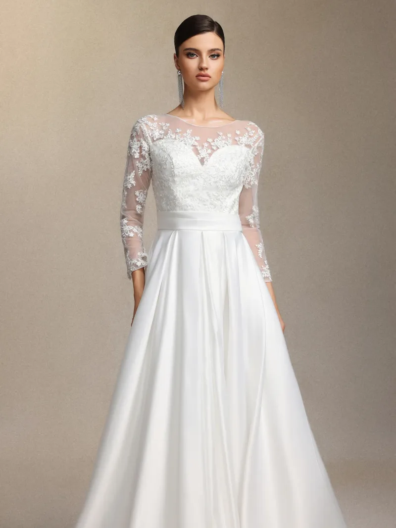 Vestido de Noiva Derlyn Gola Redonda com Manga Longa em Renda
