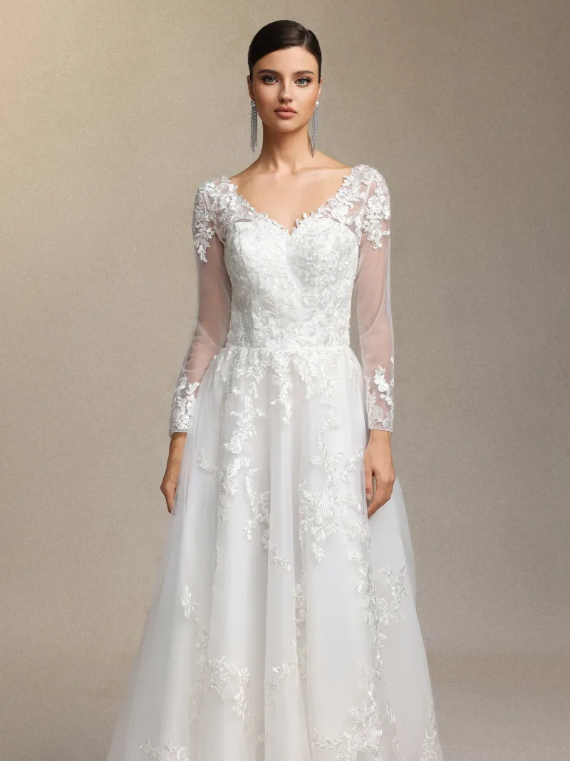 Vestido de Noiva Dolcie Decote em V com Patchwork de Renda e Tule