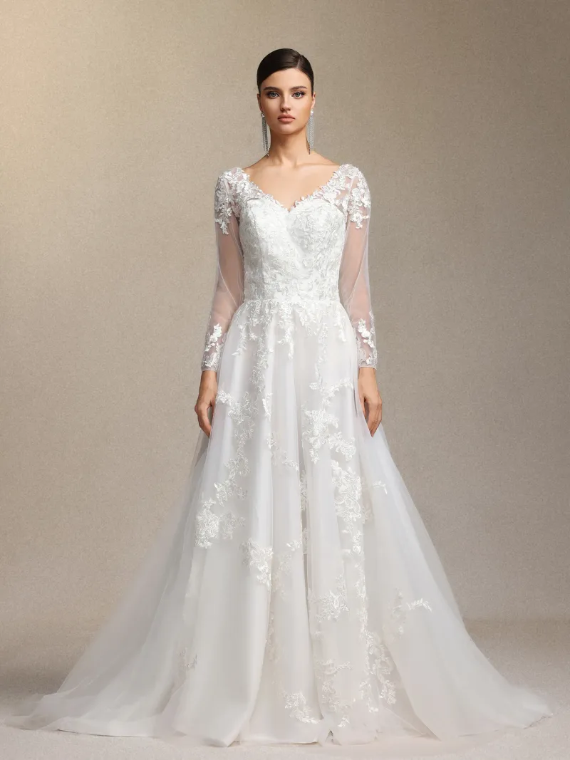Vestido de Noiva Dolcie Decote em V com Patchwork de Renda e Tule