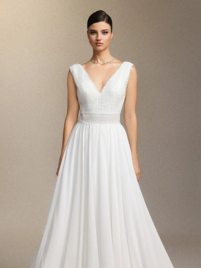 Vestido de Noiva Yalyka Decote em V Profundo Sem Mangas com Cintura Alta
