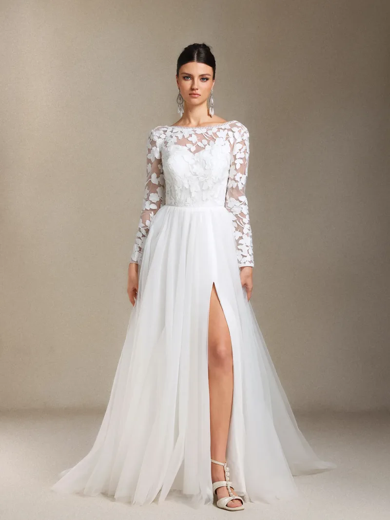 Vestido de Noiva Gilda Manga Longa em Renda e Tule com Cauda