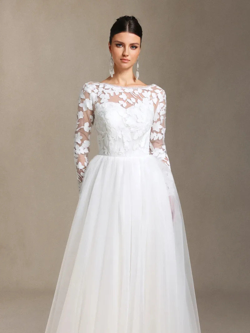 Vestido de Noiva Gilda Manga Longa em Renda e Tule com Cauda